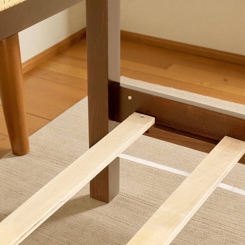 Queen/King Size Pine Wood Bed with Rattan Headboard and Footboard, Solid Frame with Central Support and Under-Bed Storage