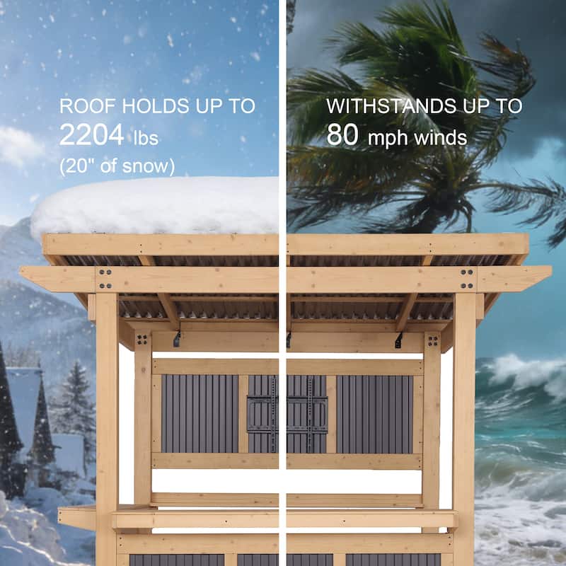 Cedar Wood Outdoor Bar Gazebo with PVC Roof, 85" x 76" Backyard Pavilion with TV Mount, Double Bar Counte