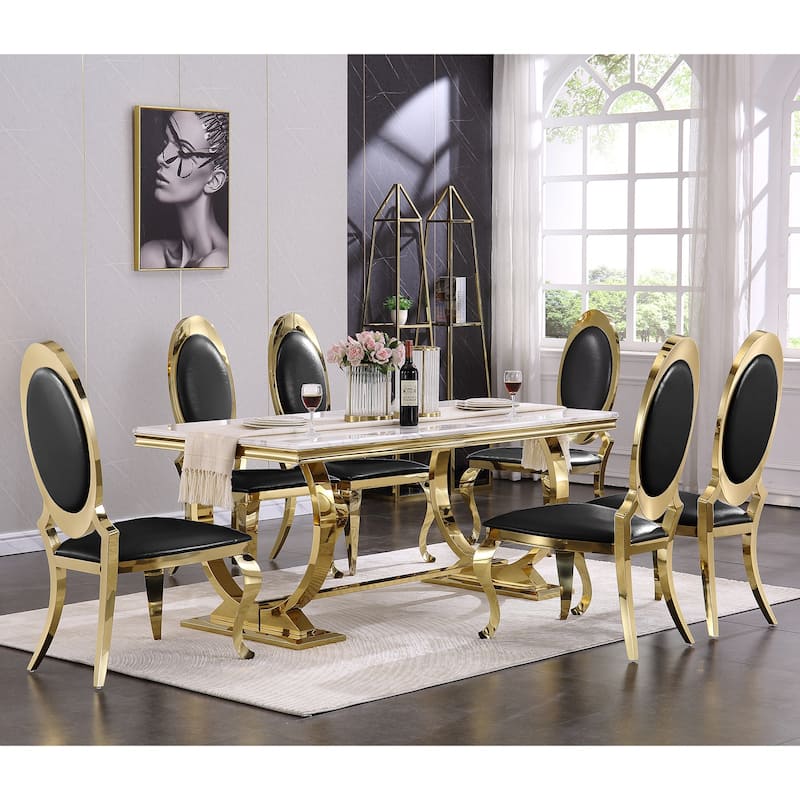 Luxury Black PU Leather Dining Chairs with Polished Gold Cabriole Legs