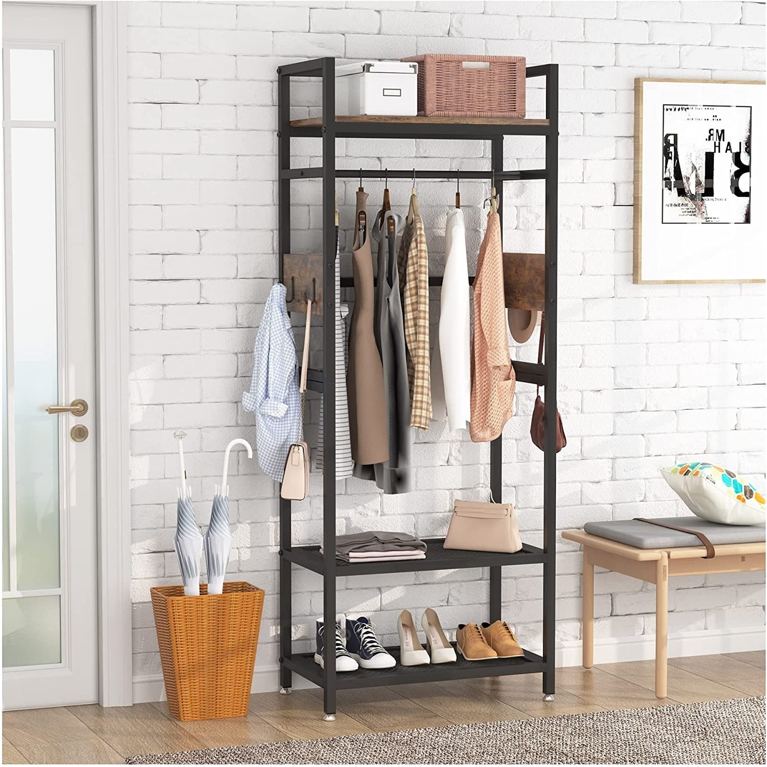 LITTLE TREE 75 inch Tall Freestanding Closet Organizer Small Clothes Rack  Coat Rack with Drawers and Shelves, Heavy Duty Small Garment Rack  Industrial