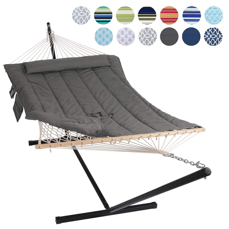 Hammock Double Hammock with Stand, Two Person Cotton Rope Hammock - 147.6(L)*52(W)*47.6(H) - Dark Gray