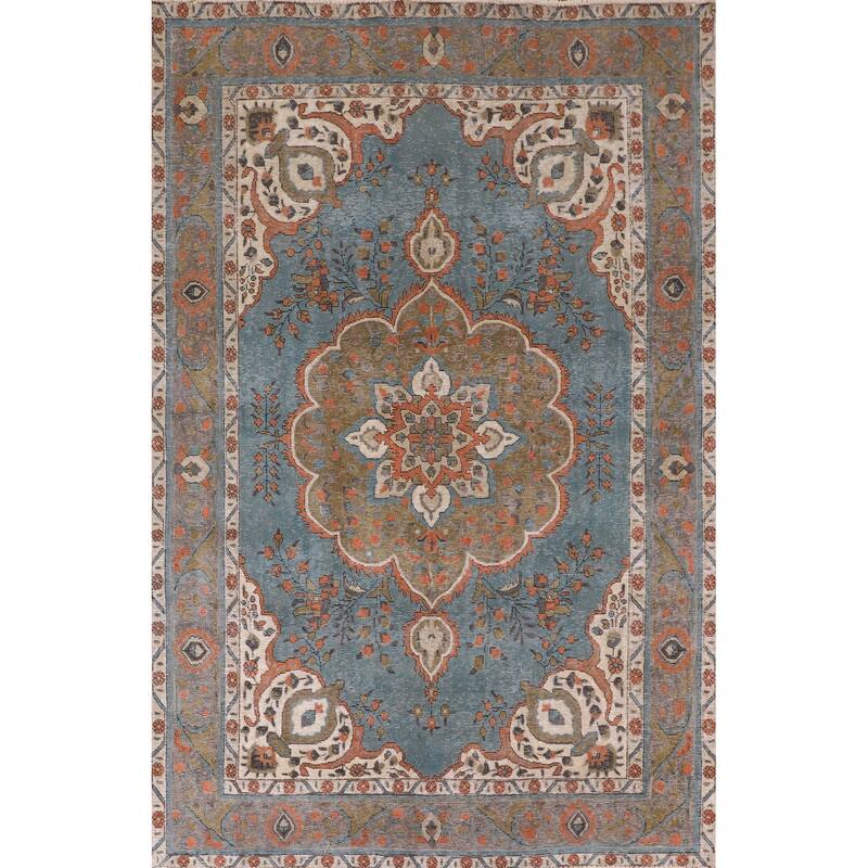 Over-Dyed Blue Tabriz Vintage Area Rug Handmade Wool Carpet - 6'5" x 9'5"