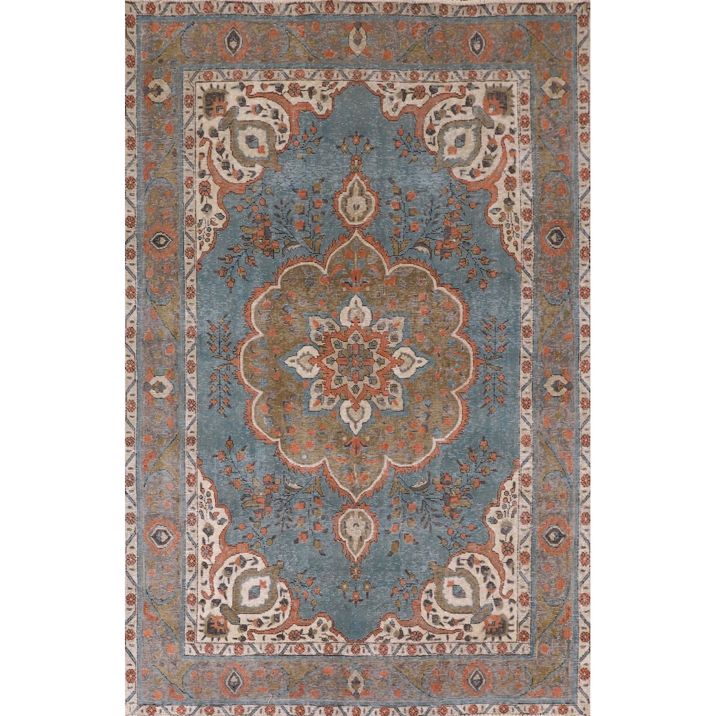 Over-Dyed Blue Tabriz Vintage Area Rug Handmade Wool Carpet - 6'5" x 9'5"