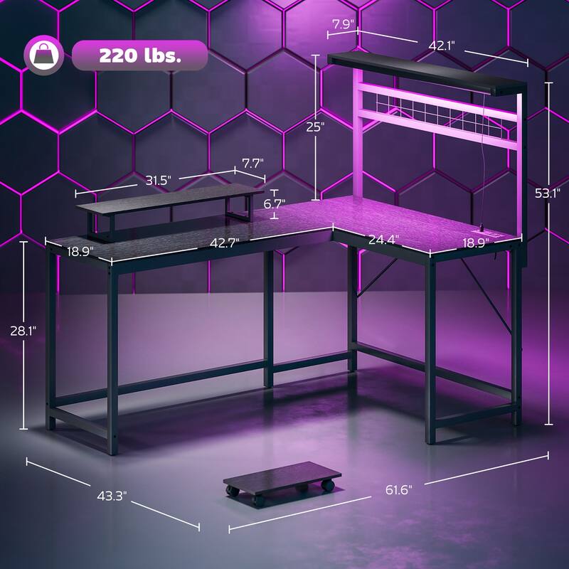 Gaming Desk with Monitor Stand and CPU Shelf,L Shaped Gaming Desk with Power Outlets & LED Lights