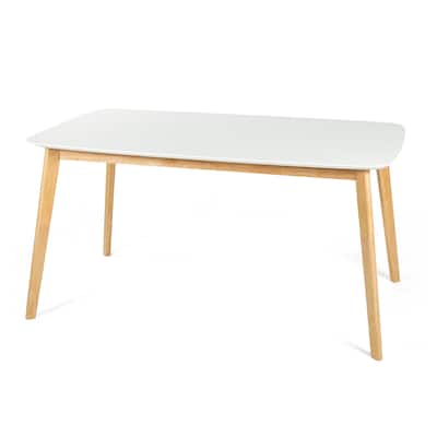 Dining Table, 59 Inch Rectangular Faux Wood White, Brown Splayed Legs