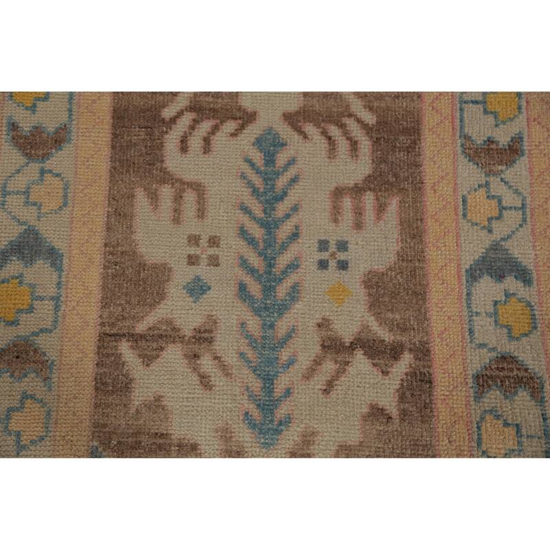 Hand Knotted Oriental 100% Wool Carpet Transitional Geometric Brown Oushak Runner Rug - 12' 3'' X 3' 2''