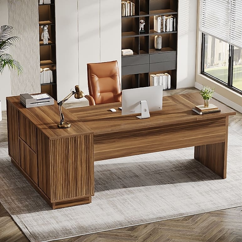 70.87-Executive Desk with File Cabinet, L-Shaped Computer Desk for Home Office - Walnut