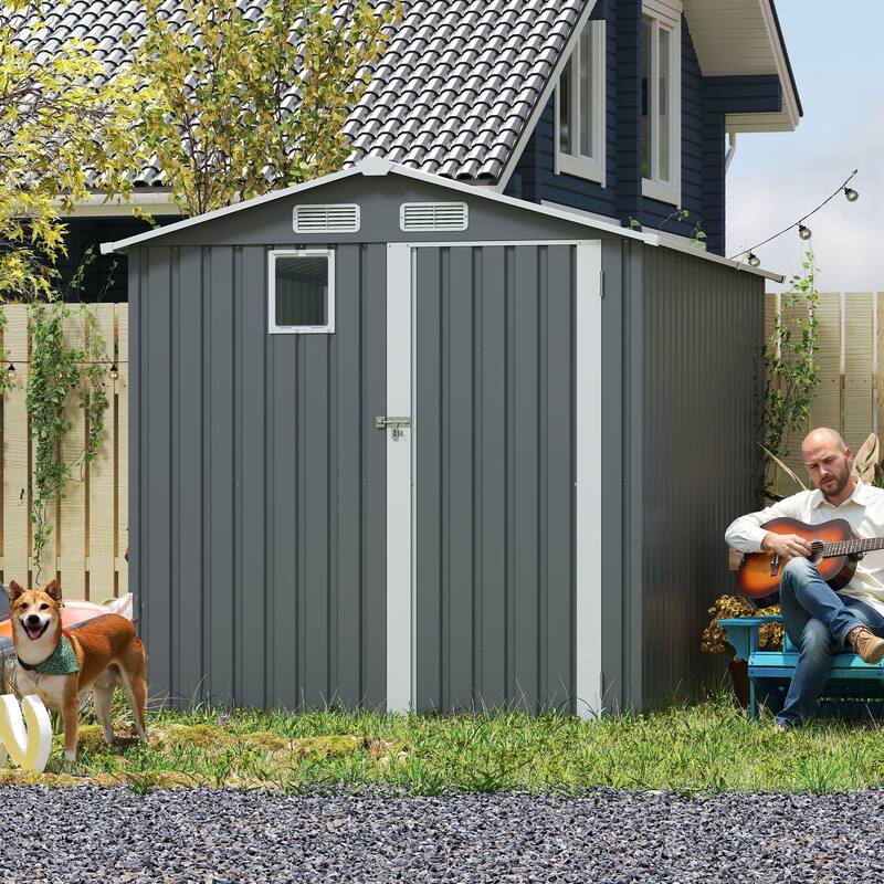 6x8FT Outdoor Steel Storage Shed with Clear Window, Lockable Doors, Compact Metal Tool Shed for Garden