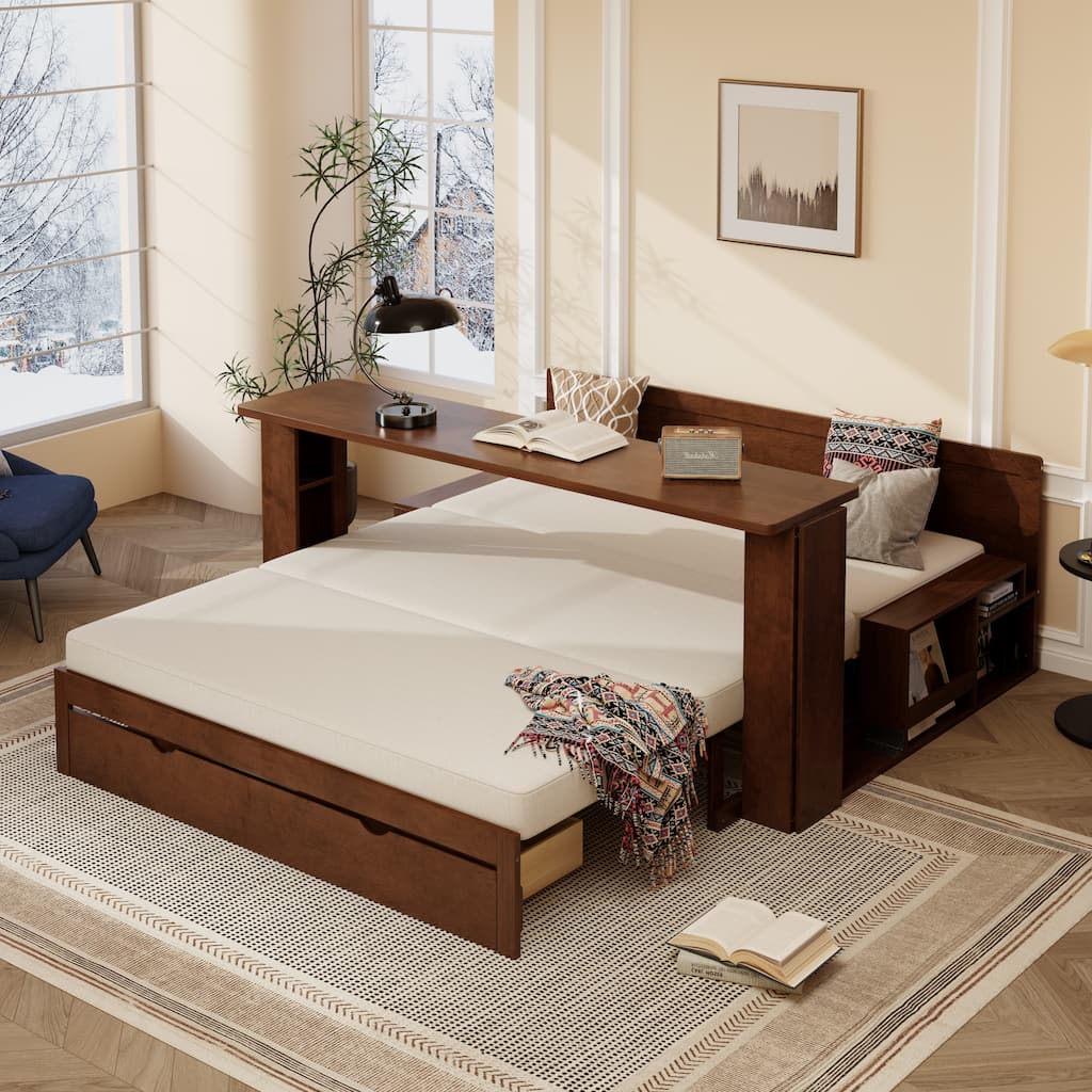 4-in-1 Multifunctional Daybed Storage Bed Frame with Removable Desk, Drawers, Bookcase Shelves and Hydraulic Side Tables