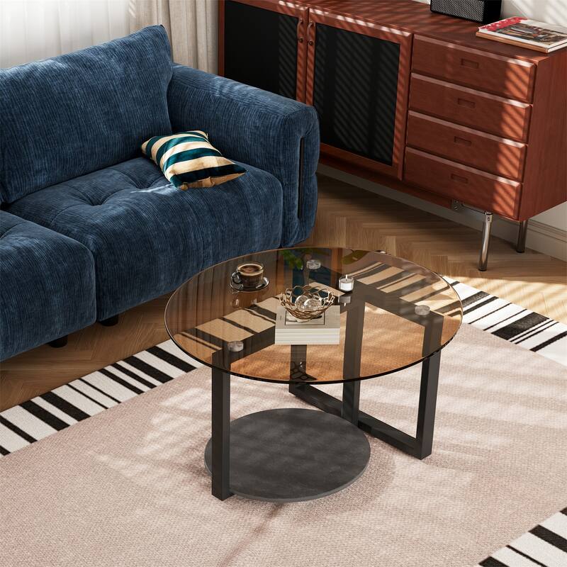 Round Amber-Tinted Tempered Glass Coffee Table Living Room Center Table with 2-Tier