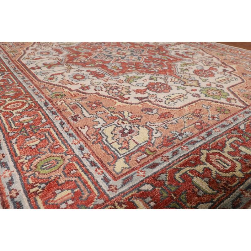 Ivory & Orange Heriz Serapi Indian Area Rug Handmade Wool Carpet - 7'10"x 9'11"