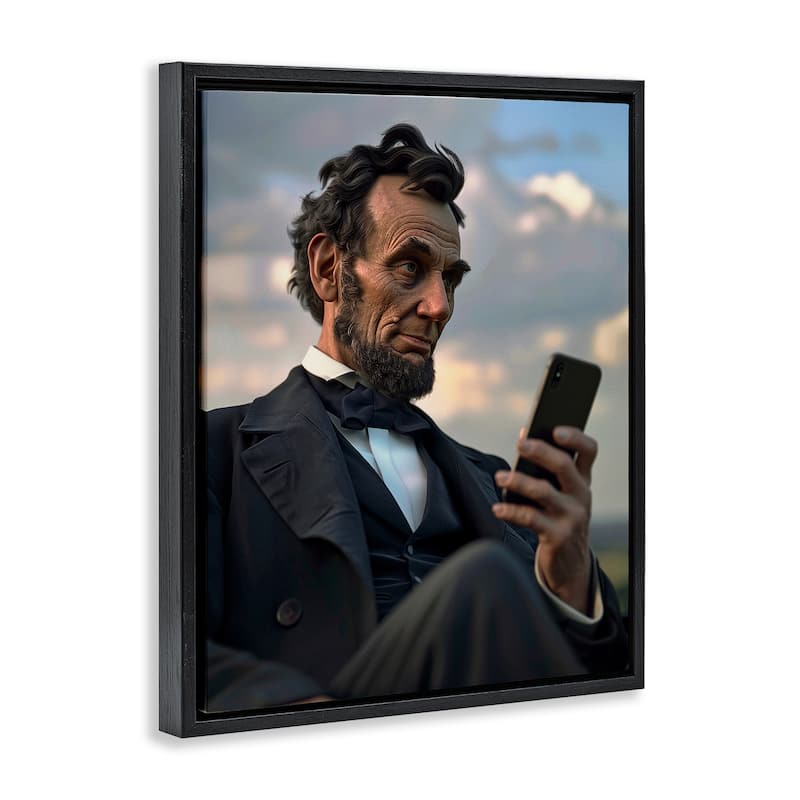 Stupell Abe Lincoln with Cellphone Framed Floater Canvas Wall Art Design By Michael McKinney