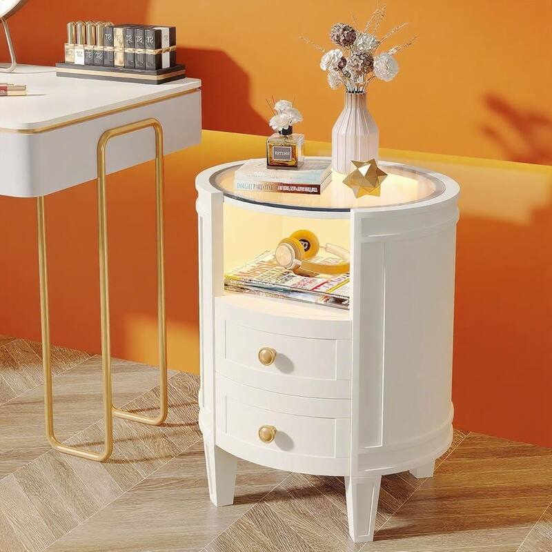 White-Ivory Metal Glass Bedside Table with LED Lighting and Drawers