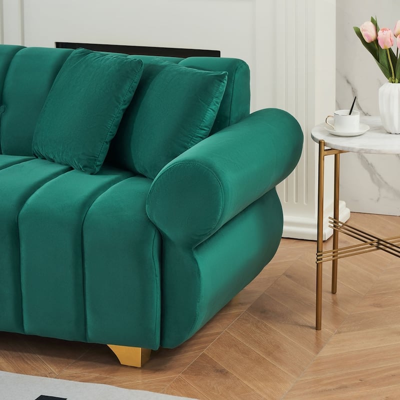 spring-wrapped Sofa cushions with stylish metal feet and 4 throw pillows