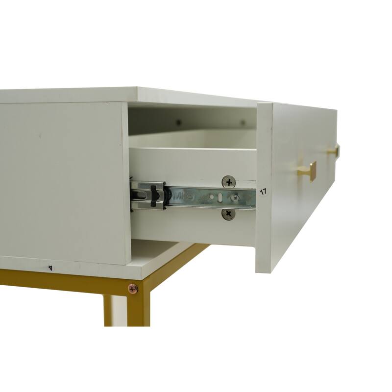 Vanity Set with Mirror and Stool - Makeup Vanity Table with Storage Drawers and Organizer, White and Gold, Space-Saving Design