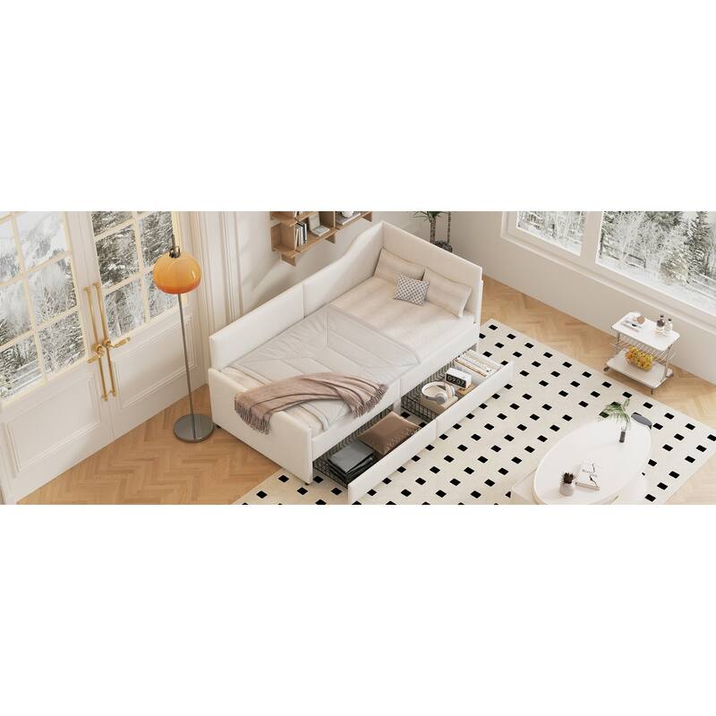 L-Shaped Twin Daybed with Storage Drawers, Corduroy Upholstery, Beige