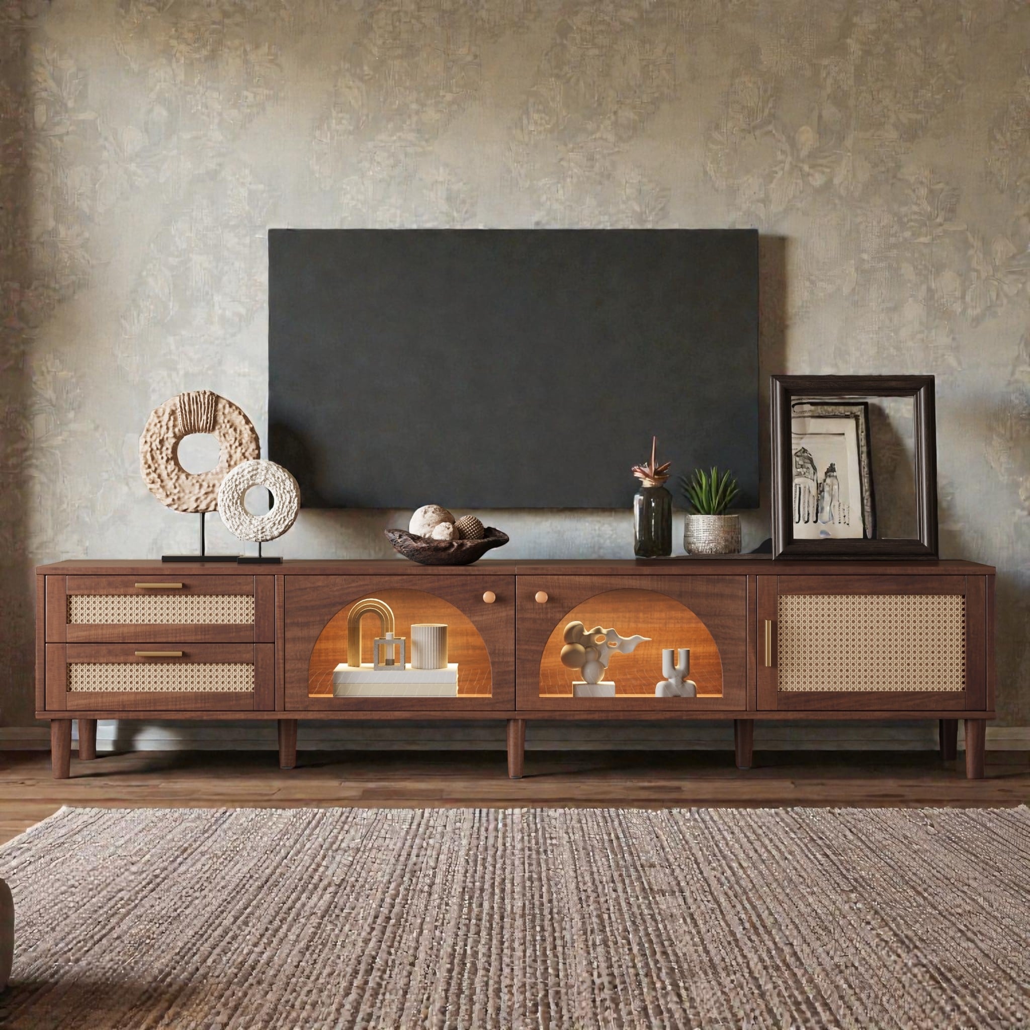 86" TV Stand for TVs up to 90", Modern Media Console with App-Controlled LED Lights, Rattan Doors, Drawers & Glass Storage