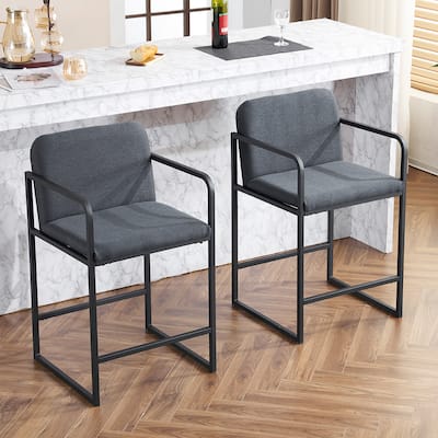Modern Counter Height Bar Stool Set of 2, Upholstered Bar Stools with Armrests, Footrest Bar Chairs with Metal Frame