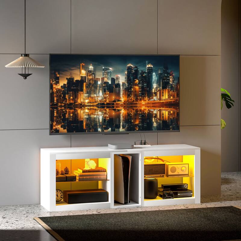 High Gloss TV Stand with RGB LED Lighting Remote Control USB Ports and Power Outlets for TVs up to 55 Inches - White