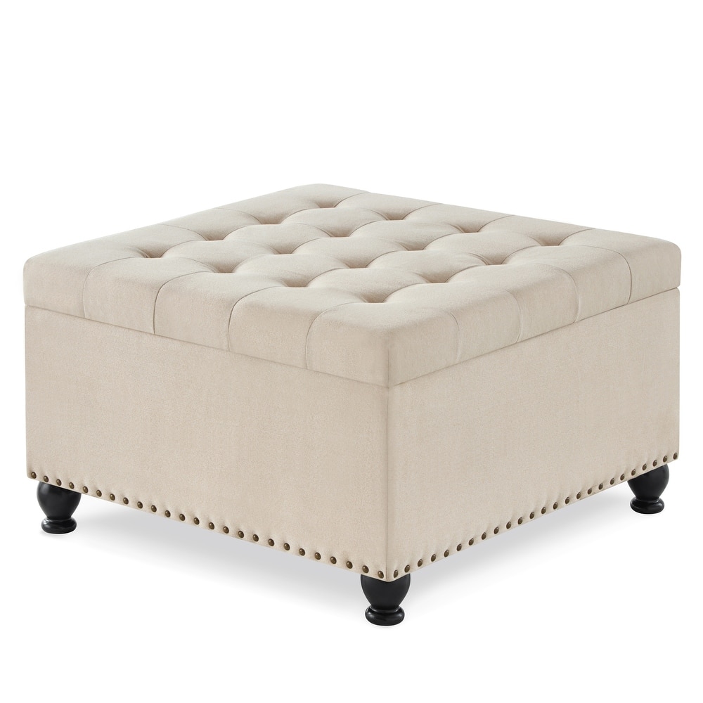 Linen Fabric Square Ottoman, Upholstered Button Tufted Storage Ottoman, Coffee Table with Nail Trims & Rubber Wood Legs