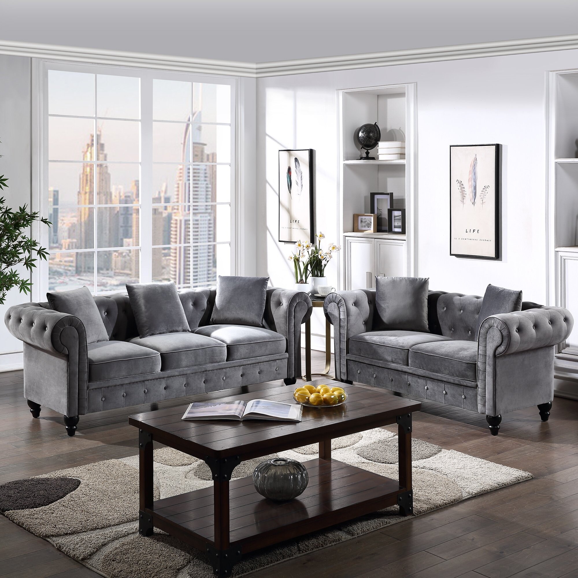 Kinwell 2 Pieces Tufted Velvet Upholstered Loveseat 3 Seat Sofa Roll Arm Classic Chesterfield Sofa Set 5 Pillows Included Overstock 32173864