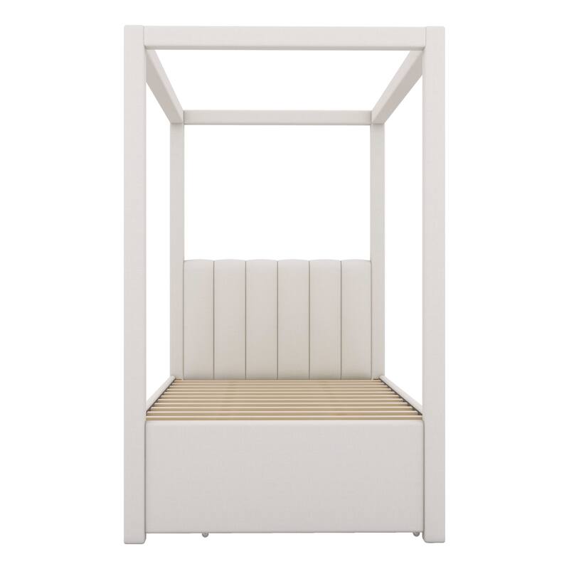 Bedroom Twin Size Canopy Bed Frame, Upholstery Linen Platform Bed with Three Storage Drawers and Pull-Out Trundle Bed
