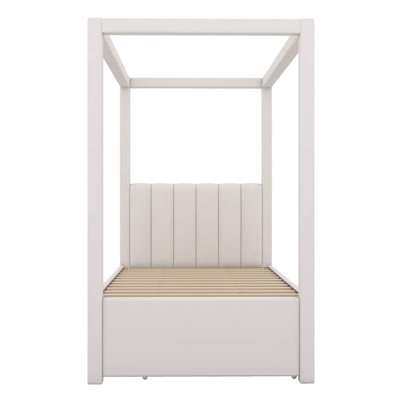 Modern Canopy Bed Frame with Upholstered Headboard/Wood Platform Bed with Trundle & 3 Storage Drawers/Wood Slats Support/Beige