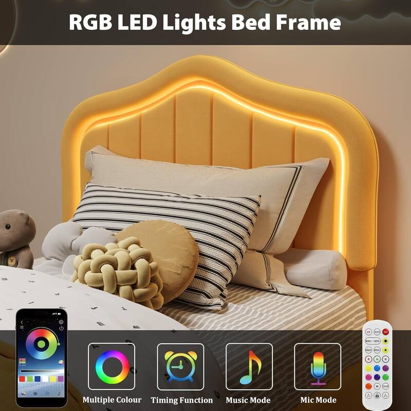 Twin Upholstered Platform Bed Frame with LED Lights & Storage Drawer, Easy Assembly