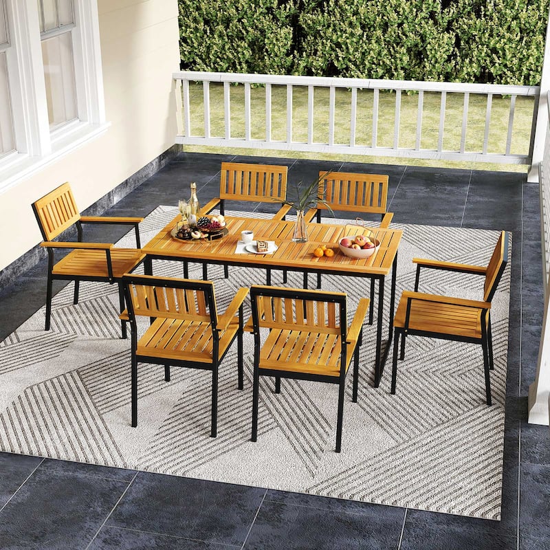 Gymax 3 PCS Outdoor Dining Set for 6 w/Acacia Wood Tabletop Metal