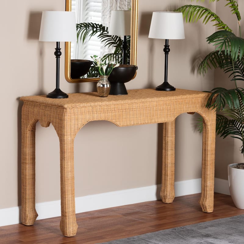 Abena Handwoven Natural Rattan Console Table - Ming Style Wicker Table, Boho Coastal Style for Hallway or Living Room