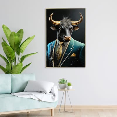 Executive Blue Buffalo Canvas Wall Art - Dapper Animal Portrait in Tailored Sui