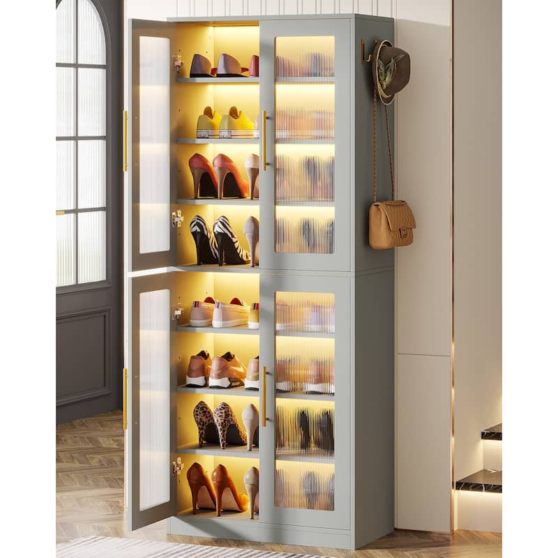 Modern Tall Entryway Shoe Storage Cabinet with Acrylic Doors and LED Light - 8-Tier - Grey & Gold