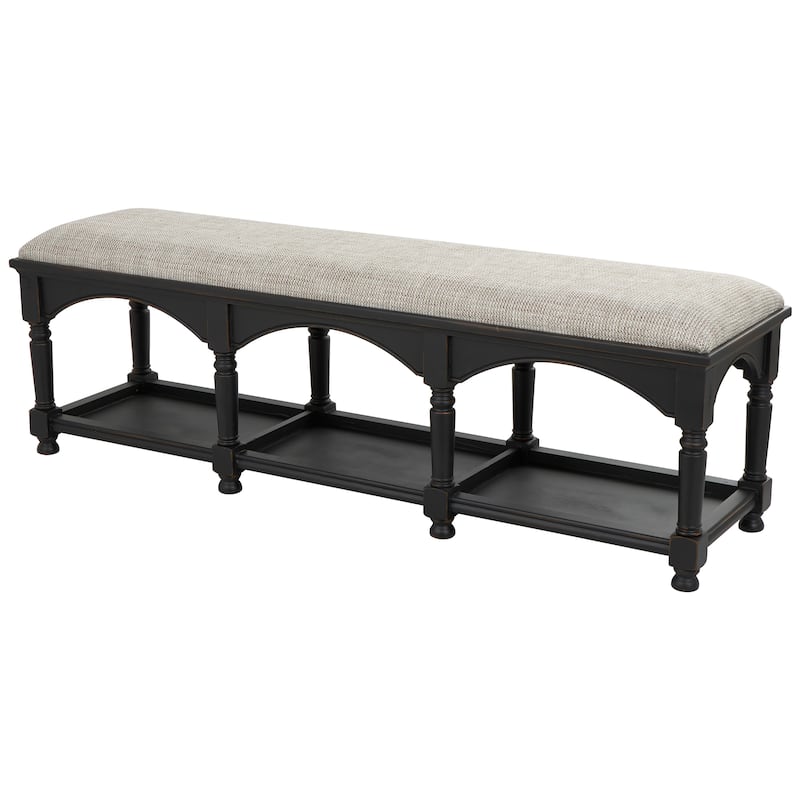 Black Fabric Arched Storage Bench with Traditional Turned Legs and Beige Cushion