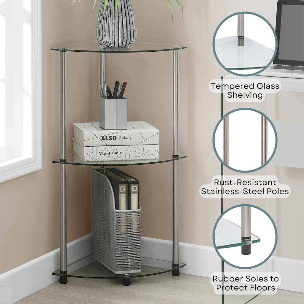 Convenience Concepts Designs2Go Classic Glass 3 Tier Corner Shelf