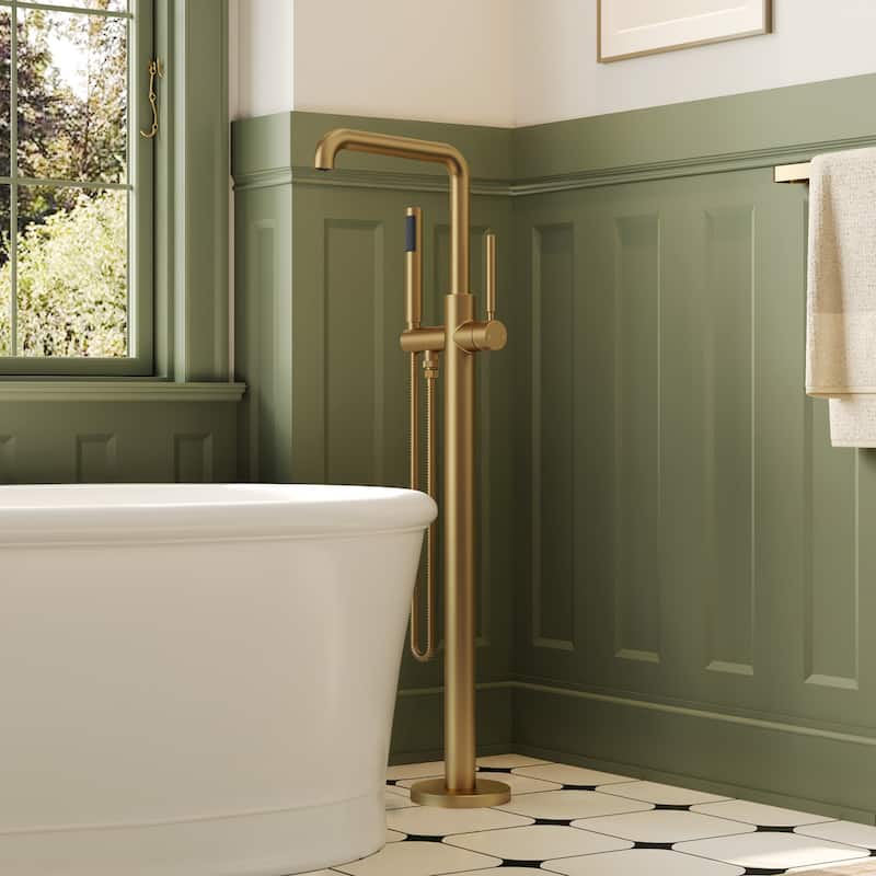 Freestanding Tub Faucet with Hand Shower,Modern Floor-Mount Bathtub Faucet - Yellow