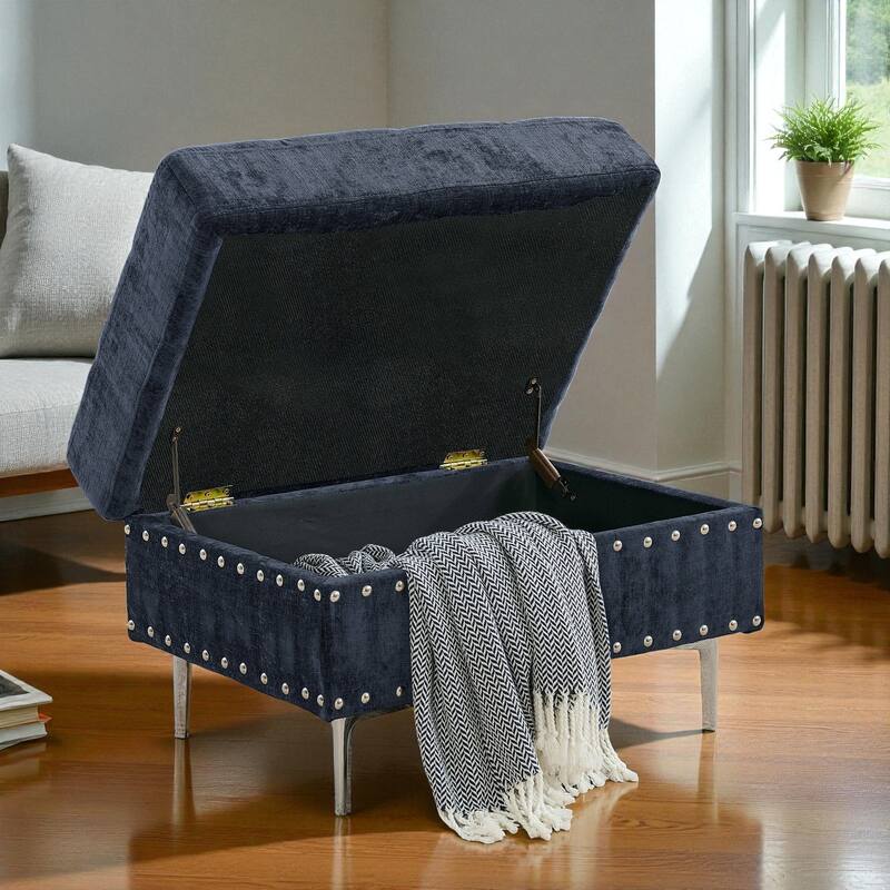 102" 3-Seater L-Shaped Sectional Sofa with Chaise and Storage Ottoman, Chenille Upholstery, Metal Legs, Rivet Trim & 2 Pillows