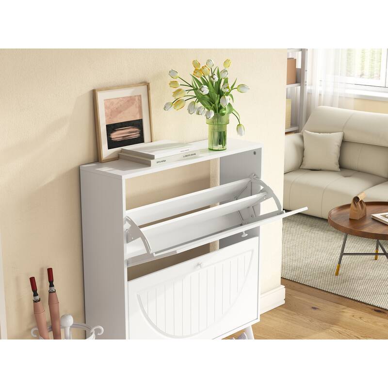 Tipping Bucket Shoe Cabinet, Freestanding Slim Narrow Shoe Rack, Shoe Storage Cabinet with Carved Doors & Solid Wood Legs