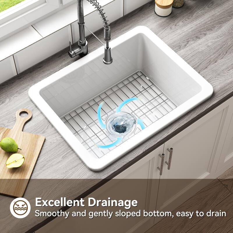 HOROW CozyStream 24 in. Undermount/Drop-In Single Bowl White Fireclay Kitchen Sink with Bottom Grid and Strainer