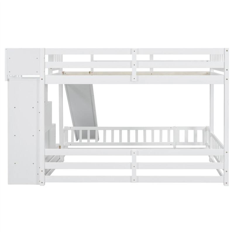 Twin Over Full Multifunctional Kids Bunk Bed Frame with Slide, Wooden Loft Bed with Storage Staircase and Guardrails