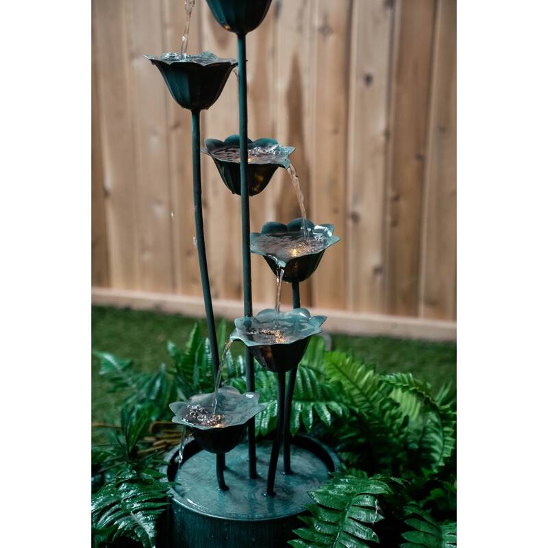 35" Chrome Black Metal Lily Flower Bucket Fountain 5-Watt LED