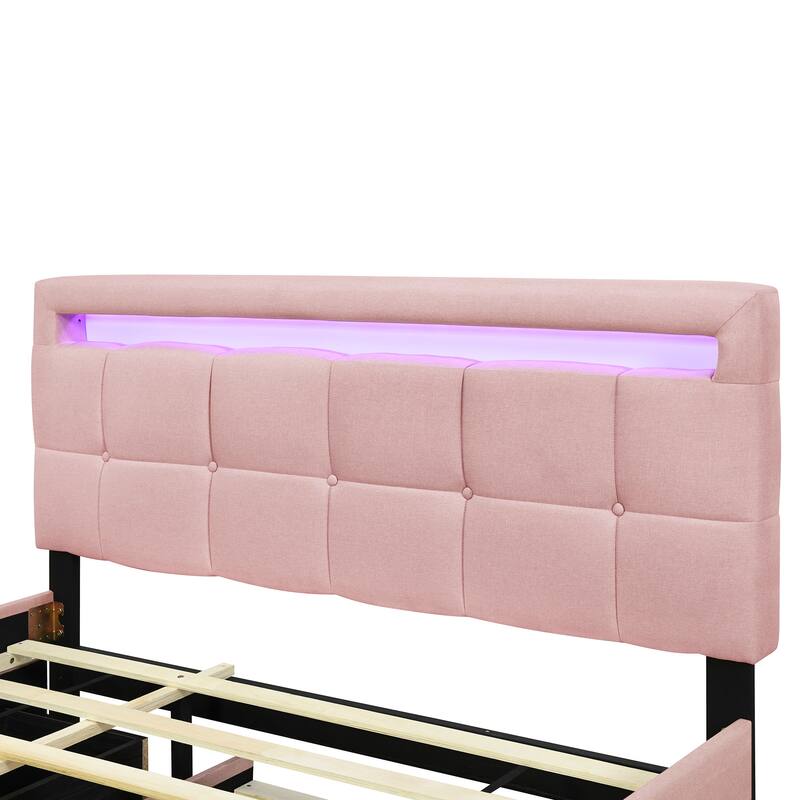 Queen Size Linen Upholstered Platform Bed with Twin XL Trundle and 2 Drawers Wood Storage Bed Frame with LED & Tufted Headboard