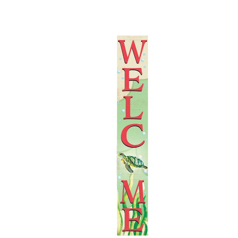 HomeRoots 60" Green And Pink Solid Wood Welcome Turtle Porch Sign