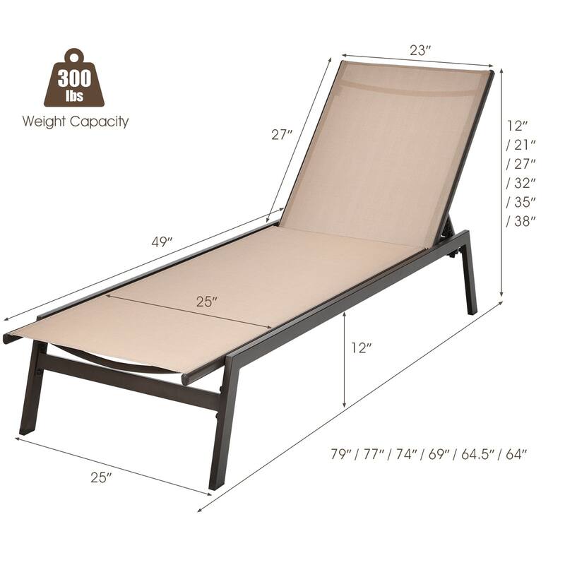 Outdoor Reclining Chaise Lounge Chair with 6-Position Adjustable Back - 64"- 79" x 25" x 38" - 12" (L x W x H)