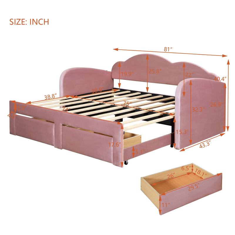 Cloud-Shaped Backrest Daybed, Twin To King Extendable Sofabed, Velvet Upholstered Platform Bed Frame with 2 Arc Armrests
