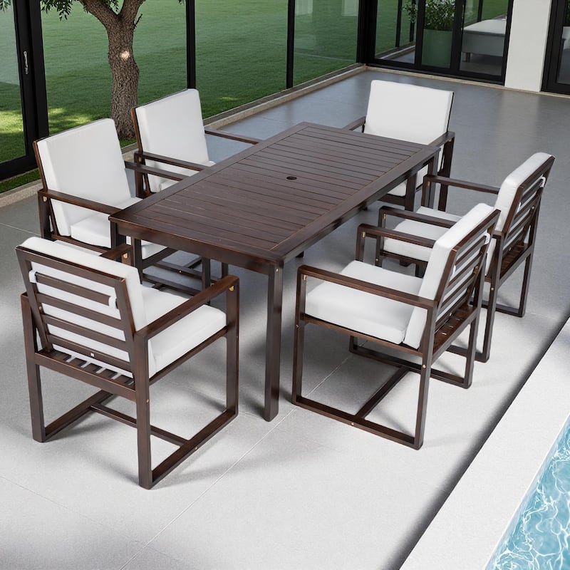 7-Piece Outdoor Patio Acacia Wood Dining Set with Umbrella Hole and 6 Cushioned Armchairs - Dark Brown
