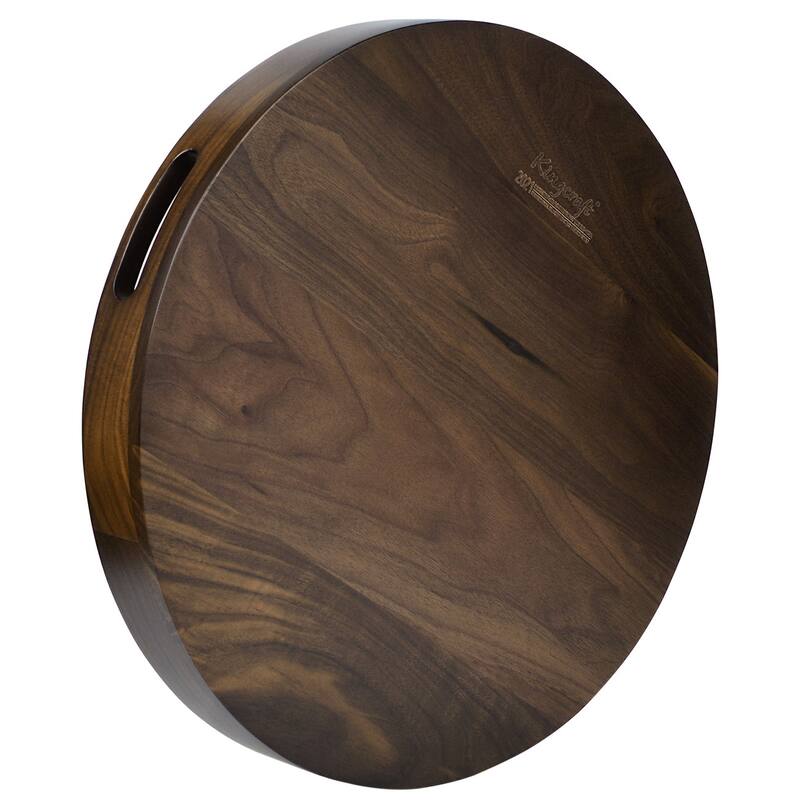 KINWELL Round Black Walnut Wood Serving Tray Ottoman Tray with Handles