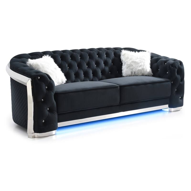 Button Tufted Flared Arm Velvet Straight Sofa with LED Lights - 94" - Black
