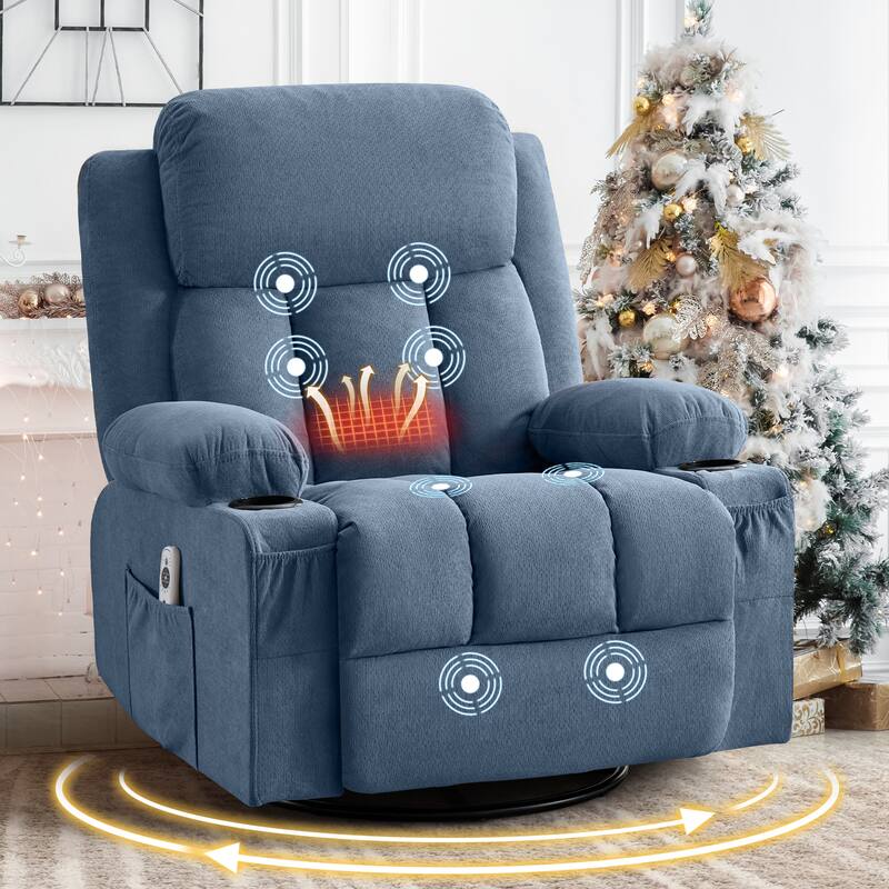 Swivel Rocker Recliner with Vibration Massage Heat USB Port Cup Holders