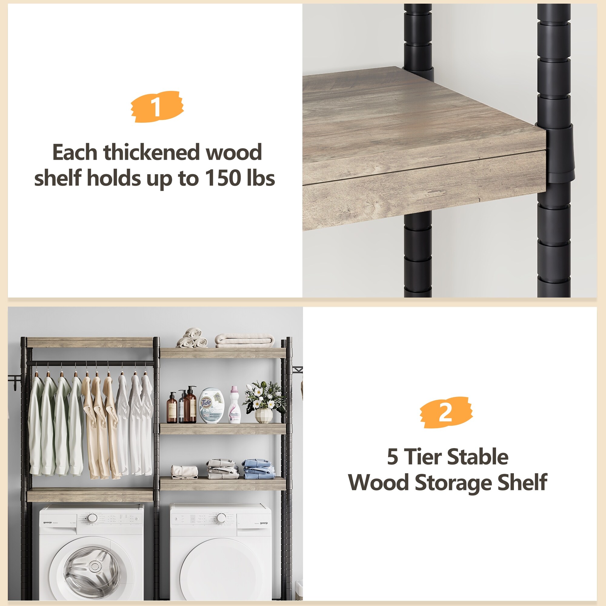 5 Tier Wood Over The Washer and Dryer Storage Shelf for Laundry