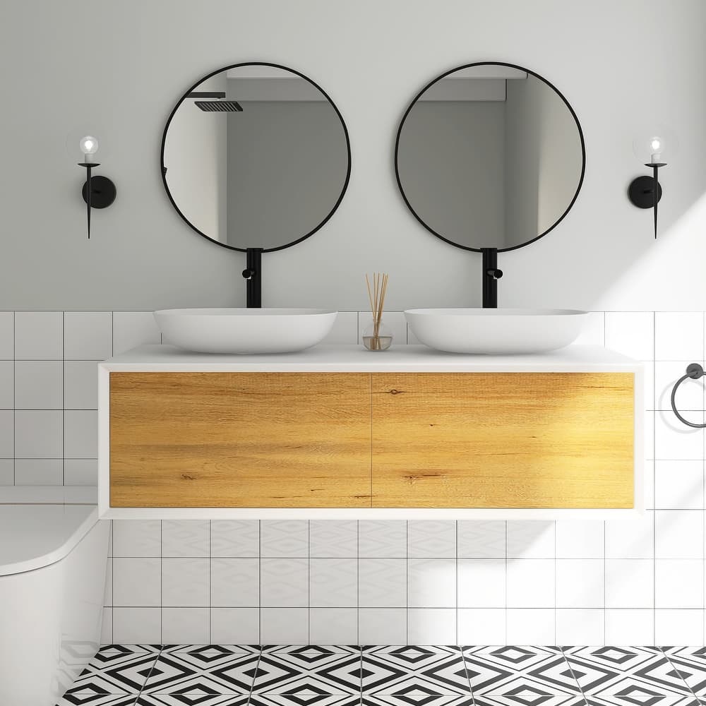 Wall Mounted Bathroom Vanity Set with White Solid Surface Top and Vessel Sink